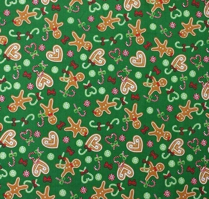 Gingerbread Red & Green Christmas Designs Fabric Polycotton : Half Meter