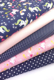 5 x Polycotton Fat Quarter Fabric Bundle | Unicorns Pink Navy Kids Rainbow Plain & Spotty