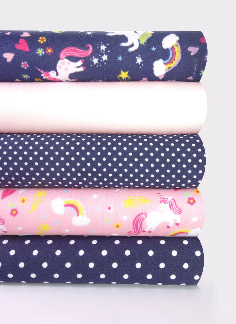 5 x Polycotton Fat Quarter Fabric Bundle | Unicorns Pink Navy Kids Rainbow Plain & Spotty