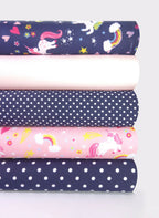 5 x Polycotton Fat Quarter Fabric Bundle | Unicorns Pink Navy Kids Rainbow Plain & Spotty
