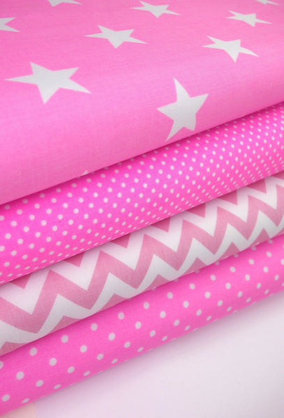 5 x Polycotton Fat Quarter Fabric Bundle | Geometric Pink Kids Stars Stripes & Spotty