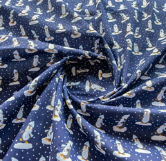 Dancing Penguins Navy Blue Christmas Designs Fabric Polycotton : Half Meter