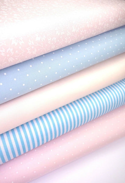 5 x Polycotton Fat Quarter Fabric Bundle | Baby Pink Blue Kids Floral Stripes Plain & Spotty