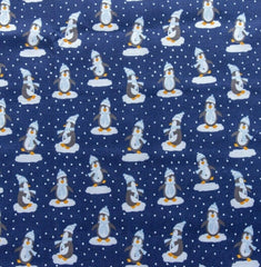 Dancing Penguins Navy Blue Christmas Designs Fabric Polycotton : Half Meter