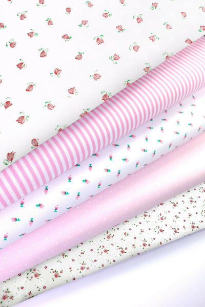 5 x Polycotton Fat Quarter Fabric Bundle | Pink Rosy Floral Vintage Gingham & Spotty