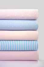 5 x Polycotton Fat Quarter Fabric Bundle | Baby Pink Blue Kids Floral Stripes Plain & Spotty