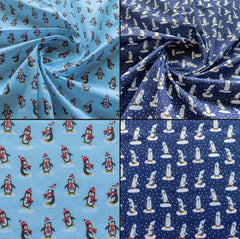 Dancing Penguins Navy Blue Christmas Designs Fabric Polycotton : Half Meter