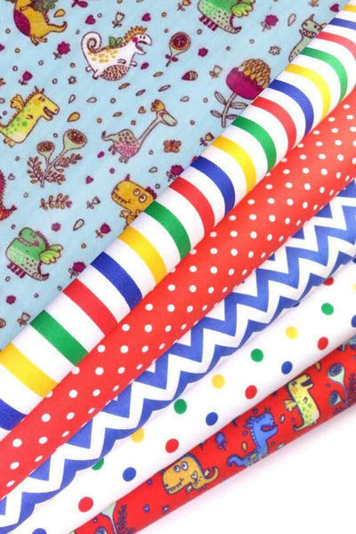 6 x Polycotton Fat Quarter Fabric Bundle | Multicolour Dinos Kids Stripes Plain & Spotty