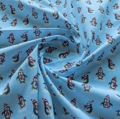 Dancing Penguins Navy Blue Christmas Designs Fabric Polycotton : Half Meter