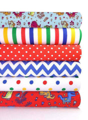 6 x Polycotton Fat Quarter Fabric Bundle | Multicolour Dinos Kids Stripes Plain & Spotty