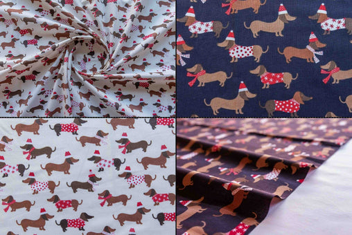 Dachshund Dog Navy Cream Christmas Designs Fabric Polycotton : Half Meter