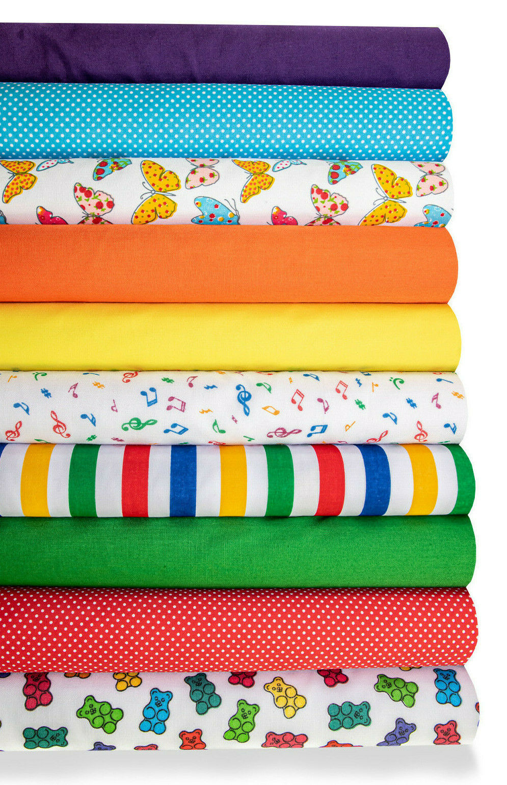 10 x Polycotton Fat Quarter Fabric Bundle | Children Assortment Plain Spotty Stripes