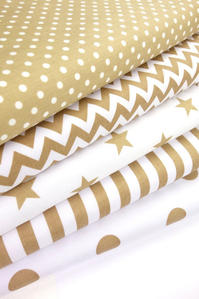 5x Polycotton Fat Quarter Fabric Bundle | Beige Geometric Kids Stripes Stars & Spotty