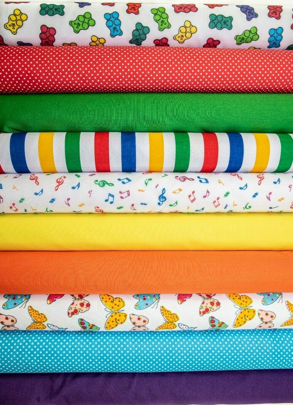 10 x Polycotton Fat Quarter Fabric Bundle | Children Assortment Plain Spotty Stripes
