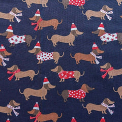 Dachshund Dog Navy Cream Christmas Designs Fabric Polycotton : Half Meter