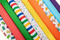 10 x Polycotton Fat Quarter Fabric Bundle | Children Assortment Plain Spotty Stripes