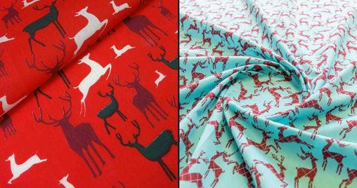 Reindeer Red Aqua Christmas Designs Fabric Polycotton : Half Meter