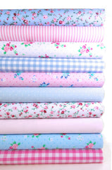10 x Polycotton Fat Quarter Fabric Bundle | Pink Blue Floral Gingham Spotty Plain Stripes
