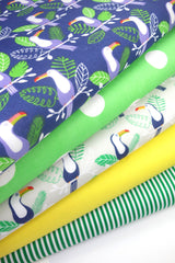 5x Polycotton Fat Quarter Fabric Bundle | Tropical Birds Branches Kids Stripes Plain Spotty