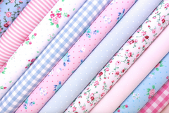 10 x Polycotton Fat Quarter Fabric Bundle | Pink & Blue Floral Vintage Gingham & Spotty