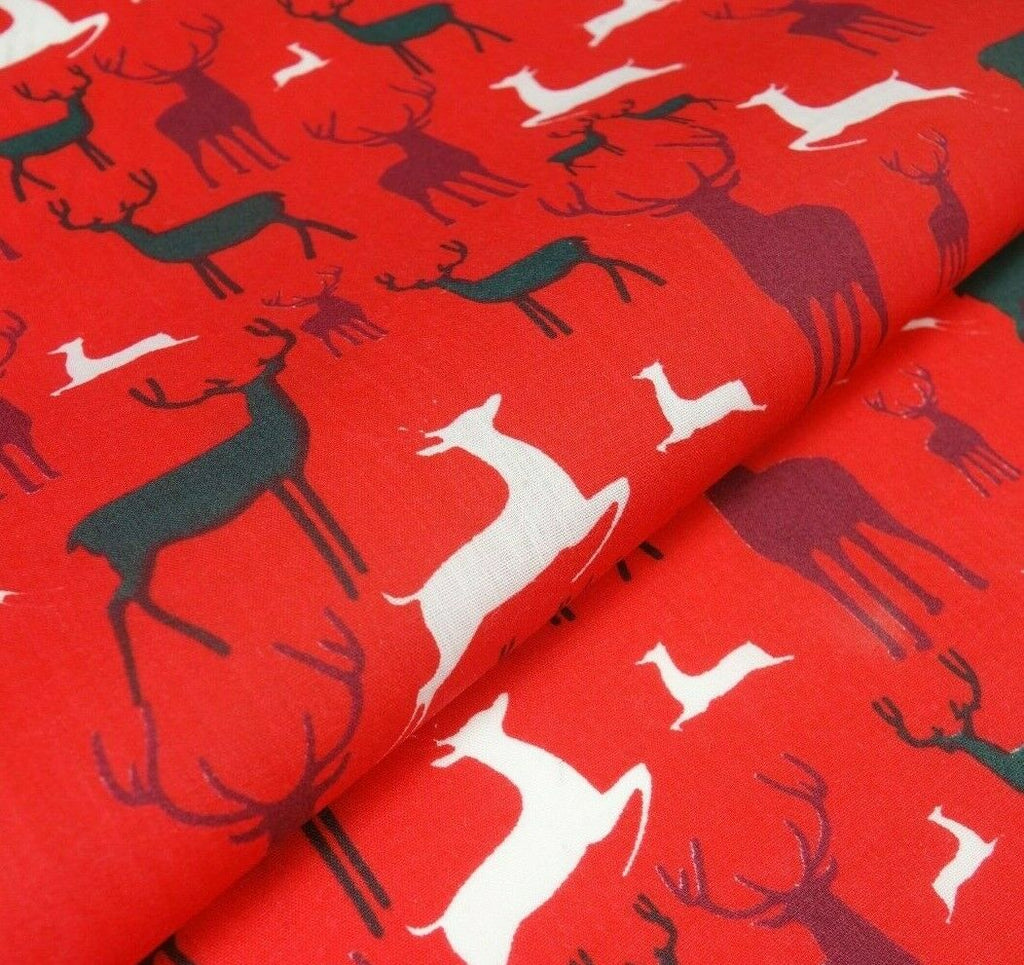 Reindeer Red Aqua Christmas Designs Fabric Polycotton : Half Meter