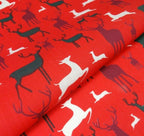 Reindeer Red Aqua Christmas Designs Fabric Polycotton : Half Meter