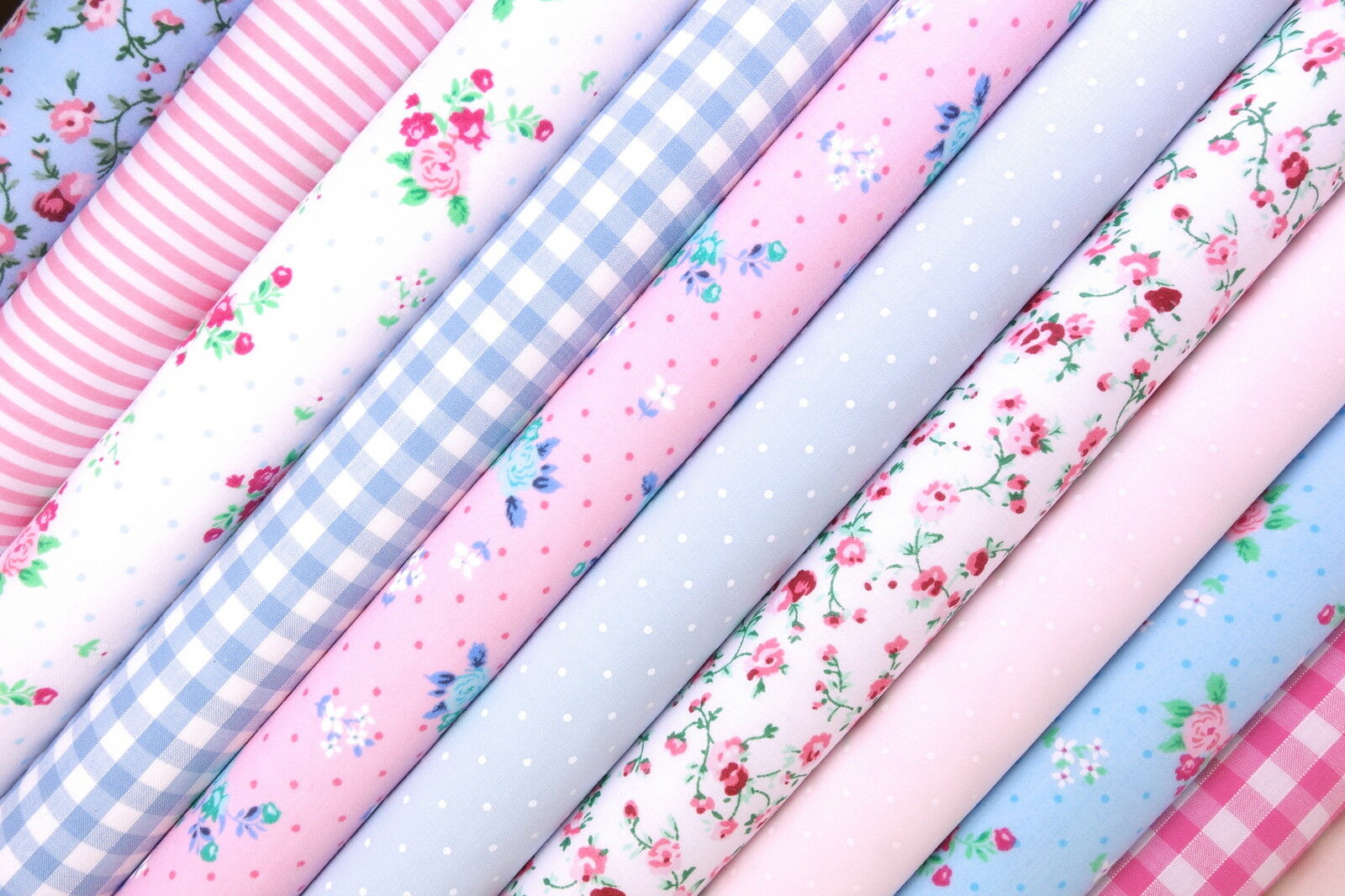 10 x Polycotton Fat Quarter Fabric Bundle | Pink Blue Floral Gingham Spotty Plain Stripes