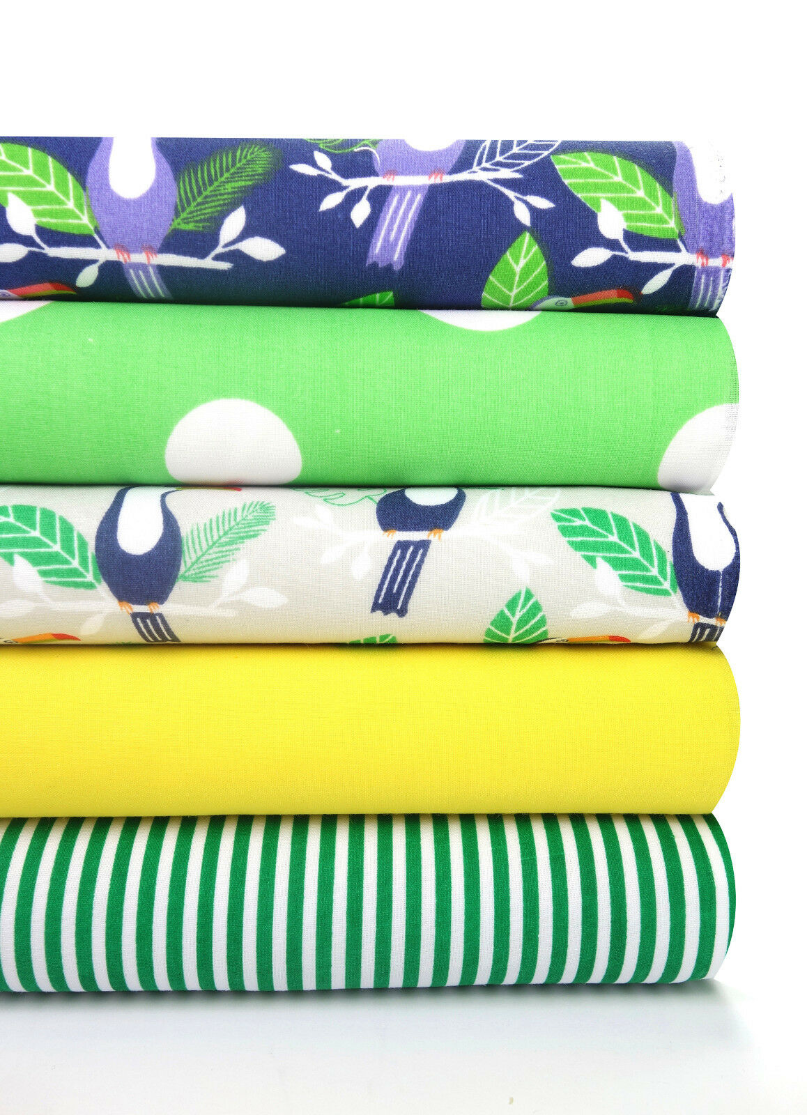 5x Polycotton Fat Quarter Fabric Bundle | Tropical Birds Branches Kids Stripes Plain Spotty