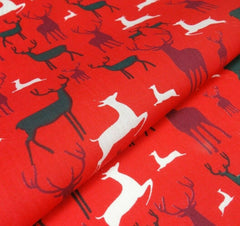 Reindeer Red Aqua Christmas Designs Fabric Polycotton : Half Meter