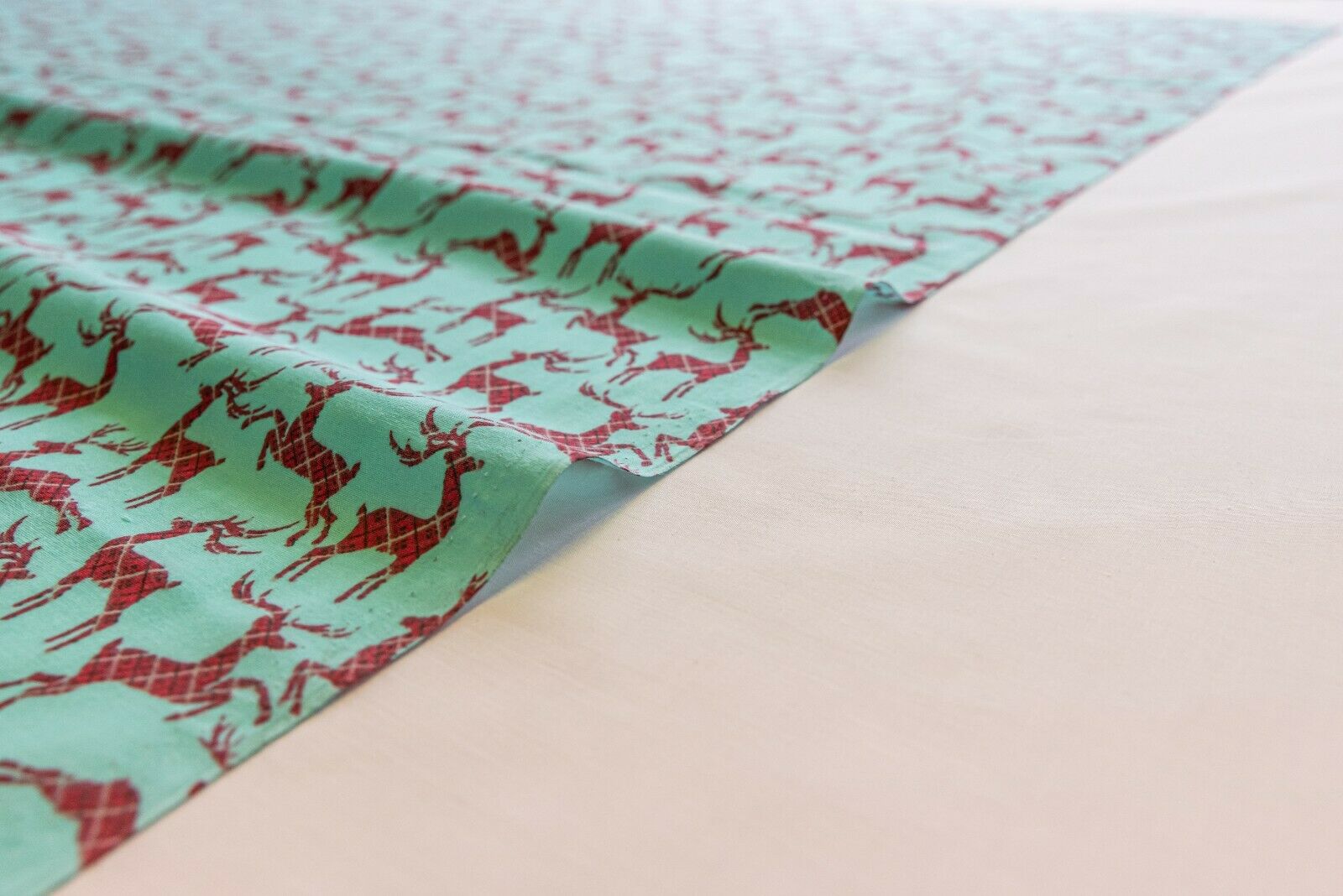 Reindeer Red Aqua Christmas Designs Fabric Polycotton : Half Meter