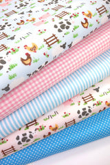 5x Polycotton Fat Quarter Fabric Bundle | Chicken Cow Farm Kids Stripes Plain Spotty