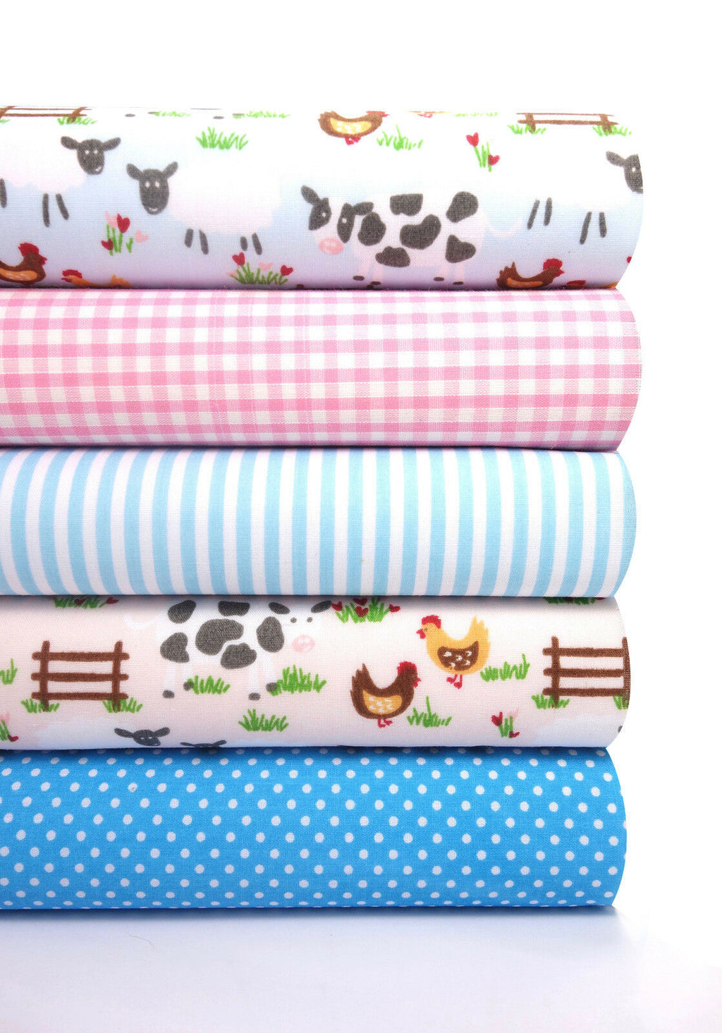 5x Polycotton Fat Quarter Fabric Bundle | Chicken Cow Farm Kids Stripes Plain Spotty