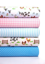 5x Polycotton Fat Quarter Fabric Bundle | Chicken Cow Farm Kids Stripes Plain Spotty