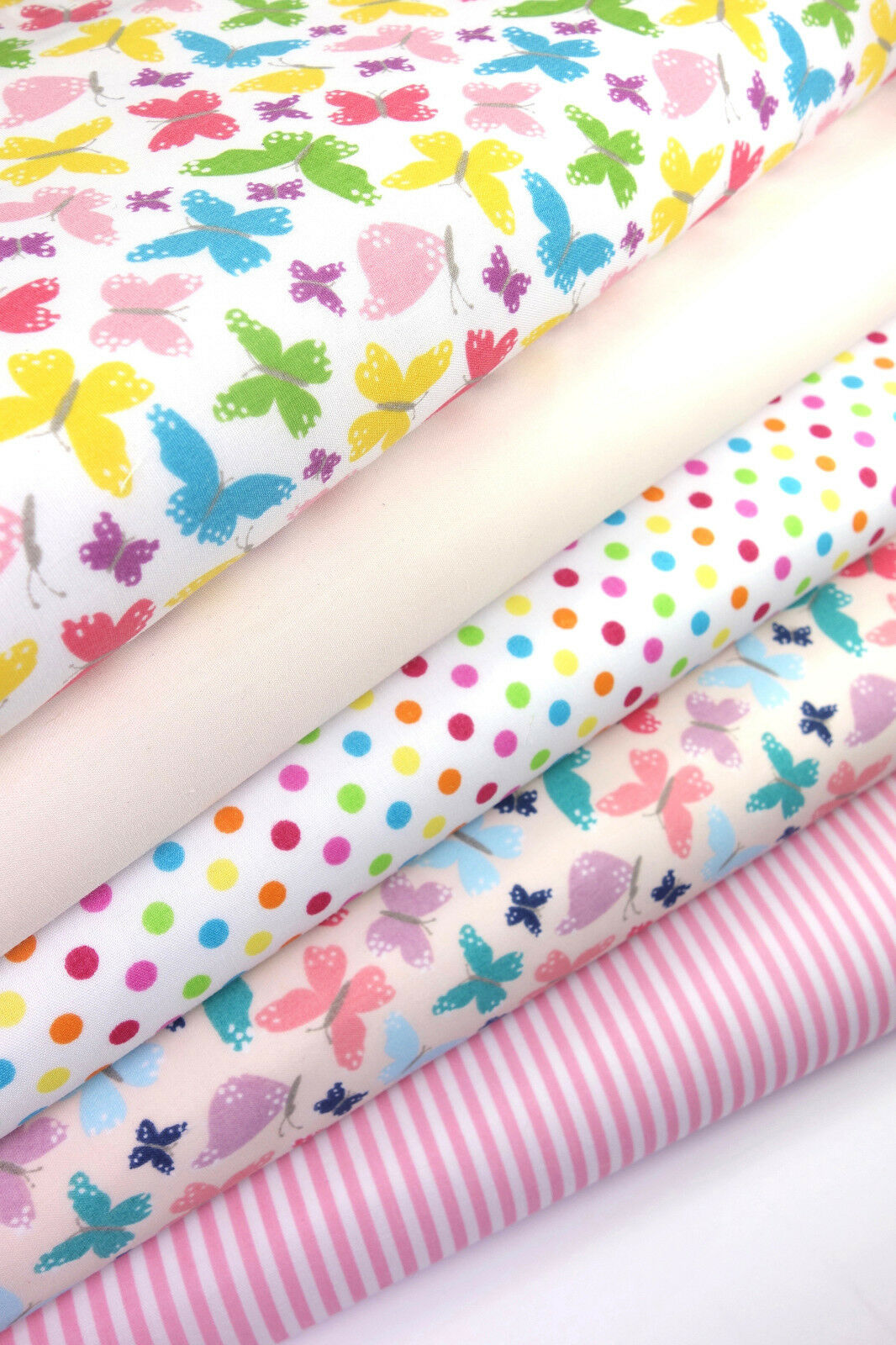 5x Polycotton Fat Quarter Fabric Bundle | Pink Butterflies Kids Stripes Plain Spotty