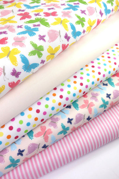 5x Polycotton Fat Quarter Fabric Bundle | Pink Butterflies Kids Stripes Plain Spotty