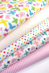 5x Polycotton Fat Quarter Fabric Bundle | Pink Butterflies Kids Stripes Plain Spotty