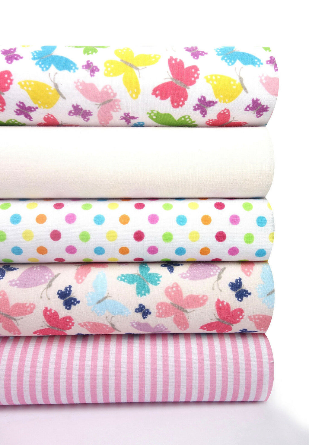 5x Polycotton Fat Quarter Fabric Bundle | Pink Butterflies Kids Stripes Plain Spotty