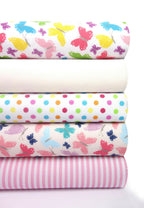 5x Polycotton Fat Quarter Fabric Bundle | Pink Butterflies Kids Stripes Plain Spotty