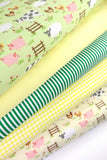 5x Polycotton Fat Quarter Fabric Bundle | Farm Yard Green Pale Yellow Kids Stripes Plain Gingham