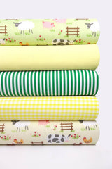 5x Polycotton Fat Quarter Fabric Bundle | Farm Yard Green Pale Yellow Kids Stripes Plain Gingham