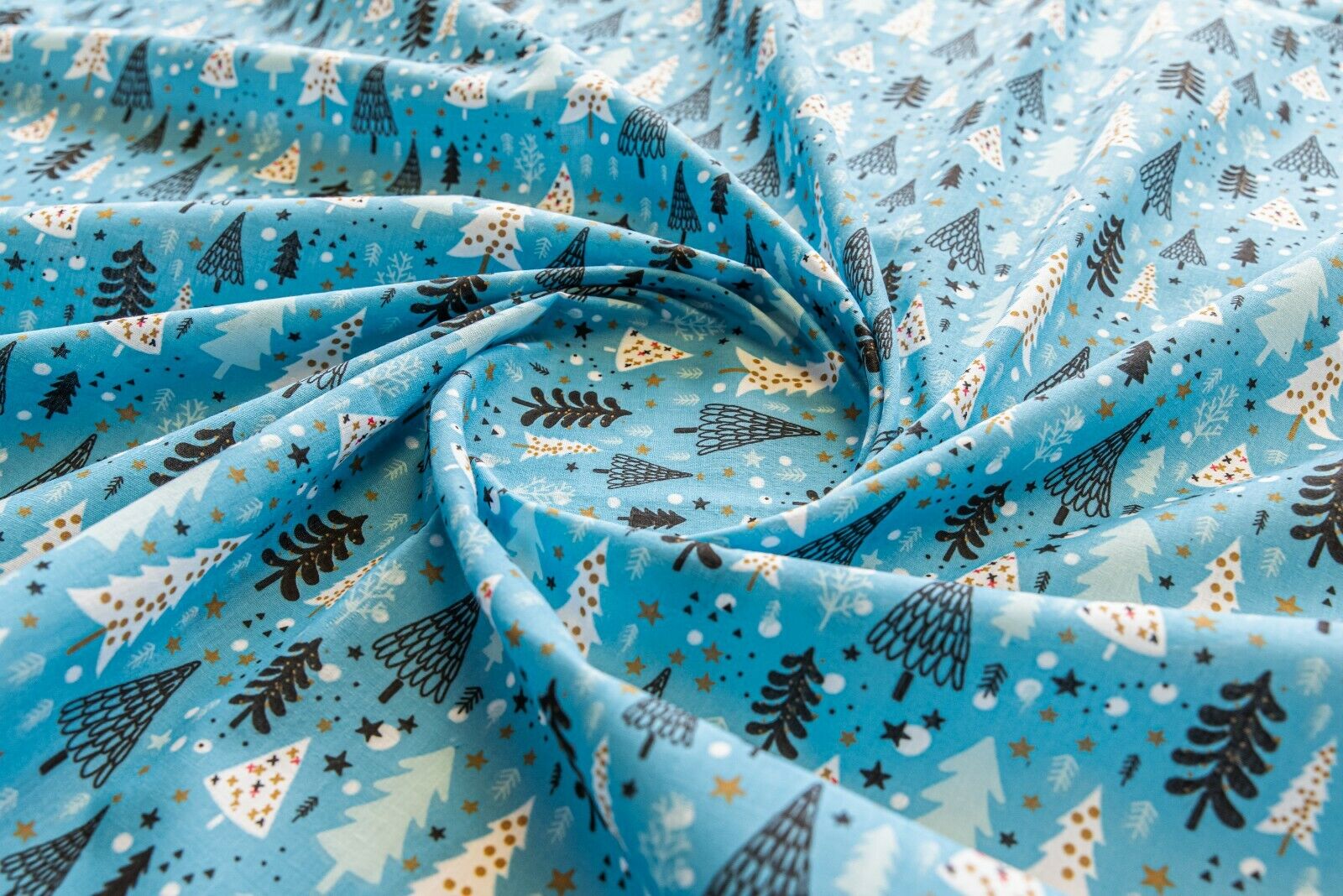 Trees Grey Blue Red Designs Christmas Fabric Polycotton : Half Meter