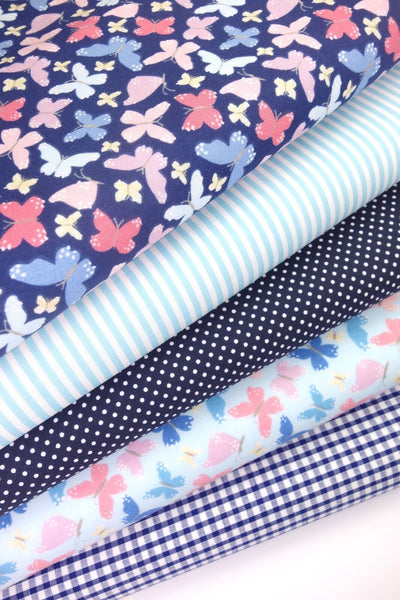 5x Polycotton Fat Quarter Fabric Bundle | Blue Butterflies Kids Stripes Spotty Gingham