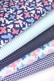5x Polycotton Fat Quarter Fabric Bundle | Blue Butterflies Kids Stripes Spotty Gingham