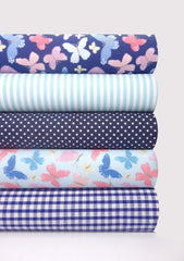 5x Polycotton Fat Quarter Fabric Bundle | Blue Butterflies Kids Stripes Spotty Gingham