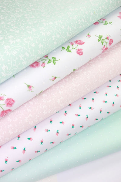 5 x Polycotton Fat Quarter Fabric Bundle | Pink & Mint Floral Vintage Gingham & Spotty
