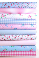 10 x Polycotton Fat Quarter Fabric Bundle | Pink & Blue Floral Vintage Gingham & Spotty