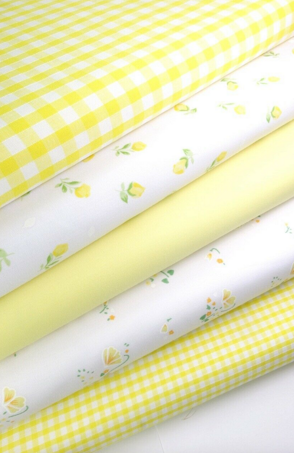 5 x Polycotton Fat Quarter Fabric Bundle | Yellow White Floral Gingham Plain