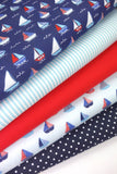 5x Polycotton Fat Quarter Fabric Bundle | Sailing Boats Kids Stripes Spotty Plain
