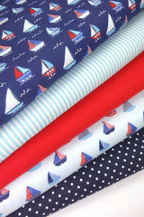 5x Polycotton Fat Quarter Fabric Bundle | Sailing Boats Kids Stripes Spotty Plain