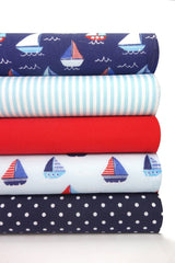5x Polycotton Fat Quarter Fabric Bundle | Sailing Boats Kids Stripes Spotty Plain